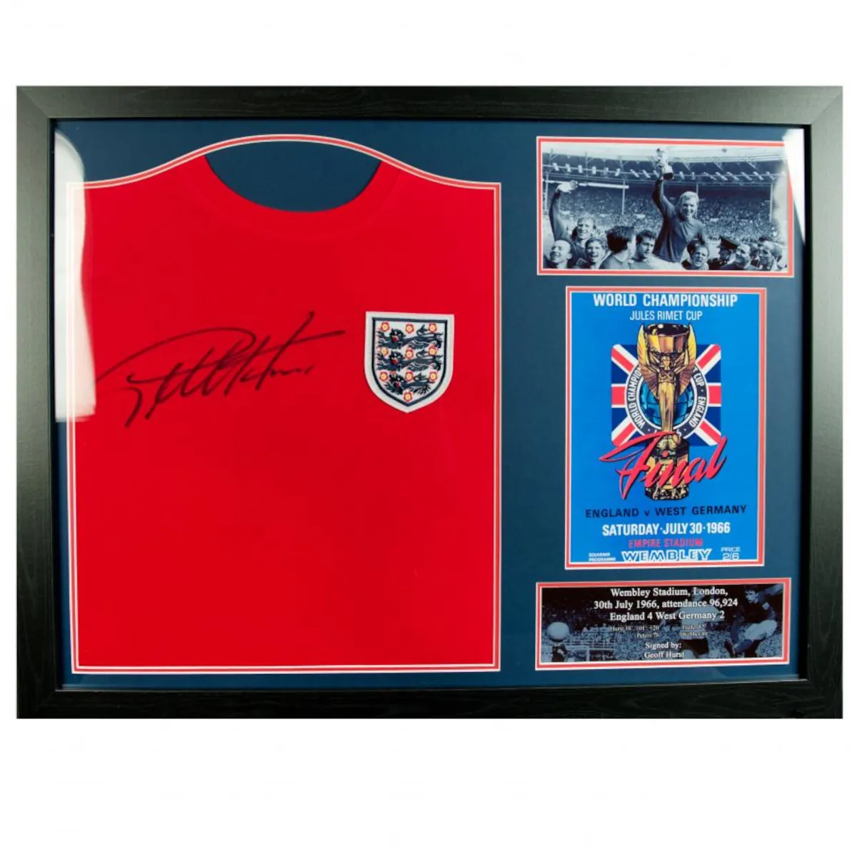 125475 England F.A. Sir Geoff Hurst Framed Signed 1966 World Cup Replica Football Shirt