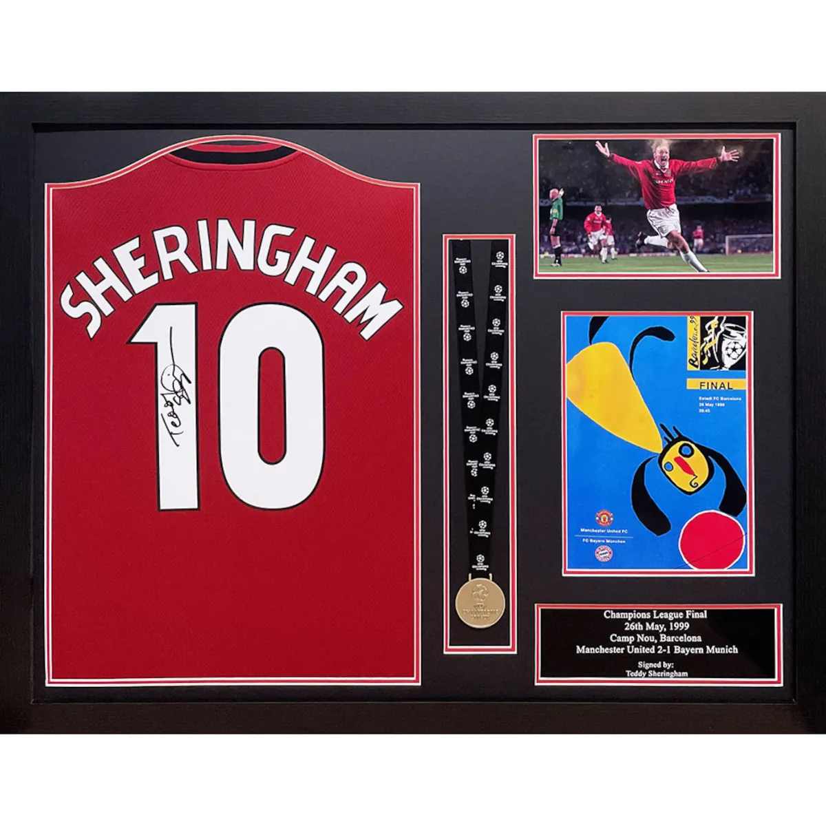 TM-00437 Manchester United F.C. Teddy Sheringham Framed Signed 2019-2020 Season Replica Football Shirt & Medal