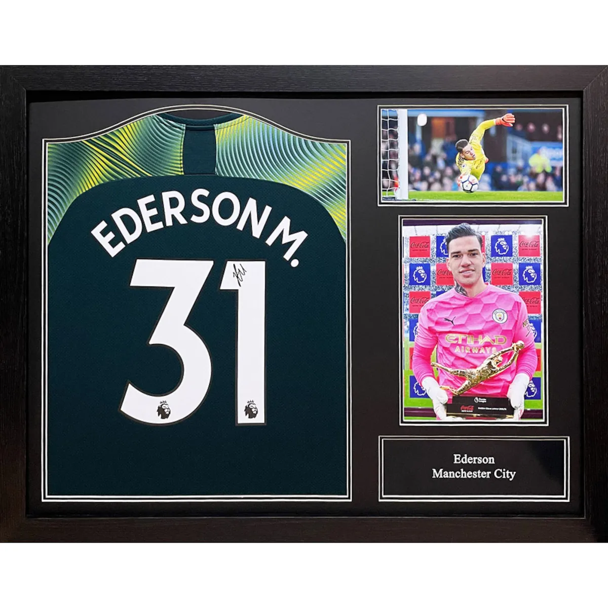 TM-00440 Manchester City F.C. Ederson Framed Signed 2019-2020 Season Replica Goalkeeper Shirt