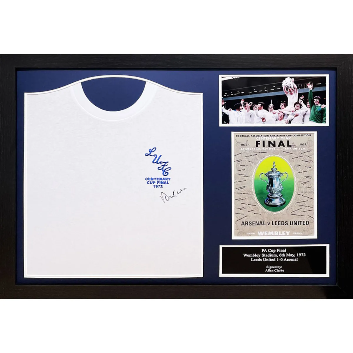 TM-00828 Leeds United F.C. Allan Clarke Framed Signed 1972 Replica Football Shirt
