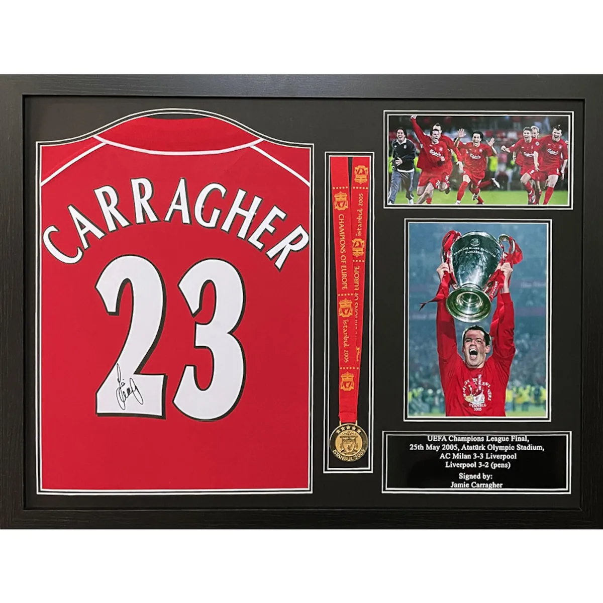 TM-01631 Liverpool F.C. Jamie Carragher Framed Signed 2000 Replica Football Shirt & Medal
