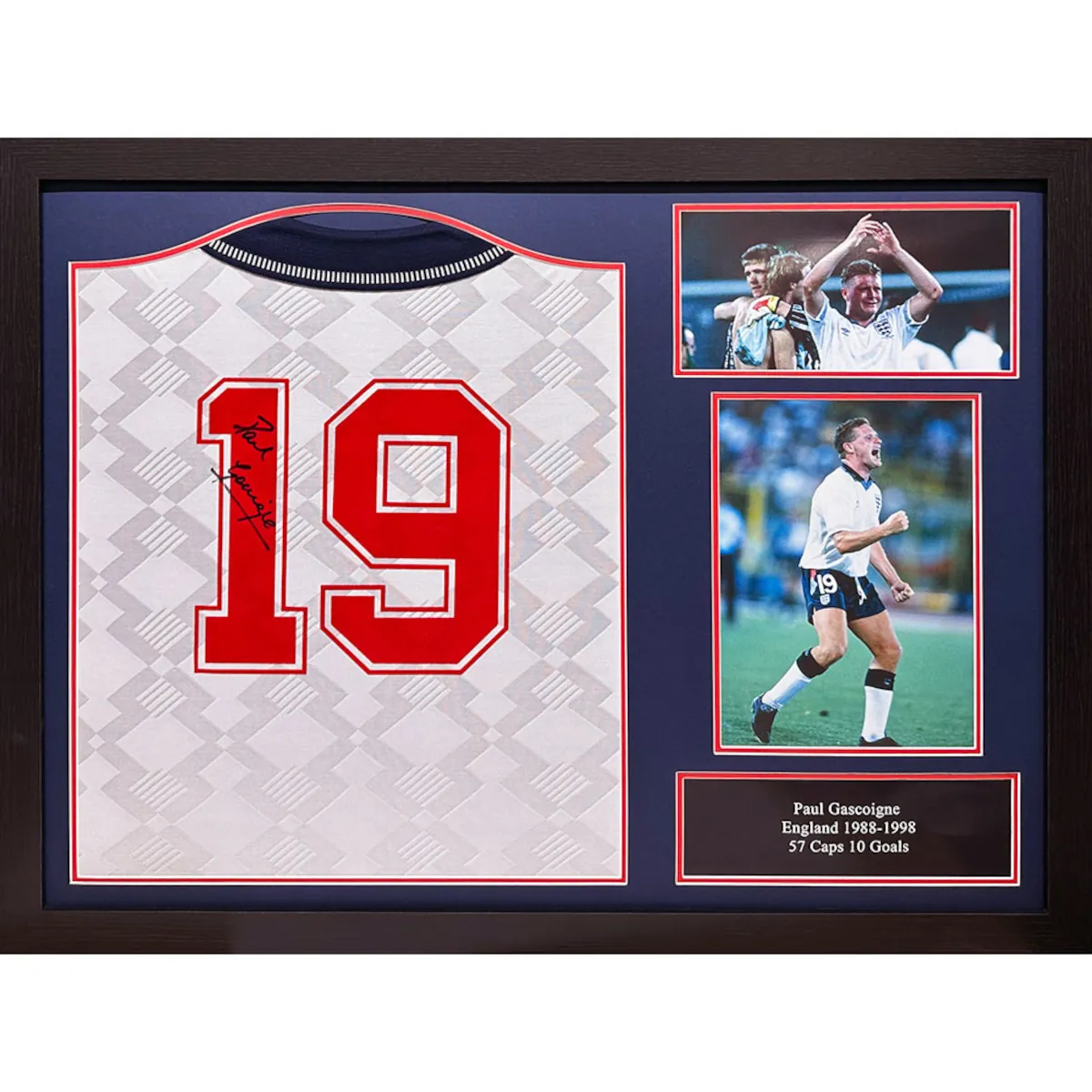TM-02714 England F.A. Paul Gascoigne Framed Signed 1990 World Cup Replica Football Shirt