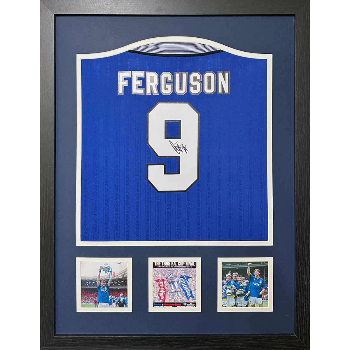 TM-02715 Everton F.C. Duncan Ferguson Framed Signed 1995 FA Cup Final Replica Football Shirt