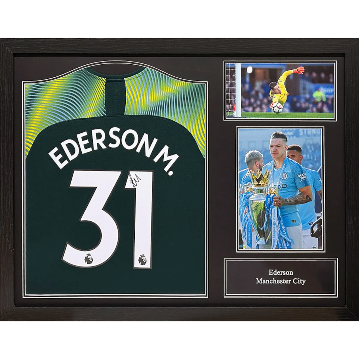 TM-02723 Manchester City F.C. Ederson Framed Signed 2019-2020 Season Replica Goalkeeper Shirt
