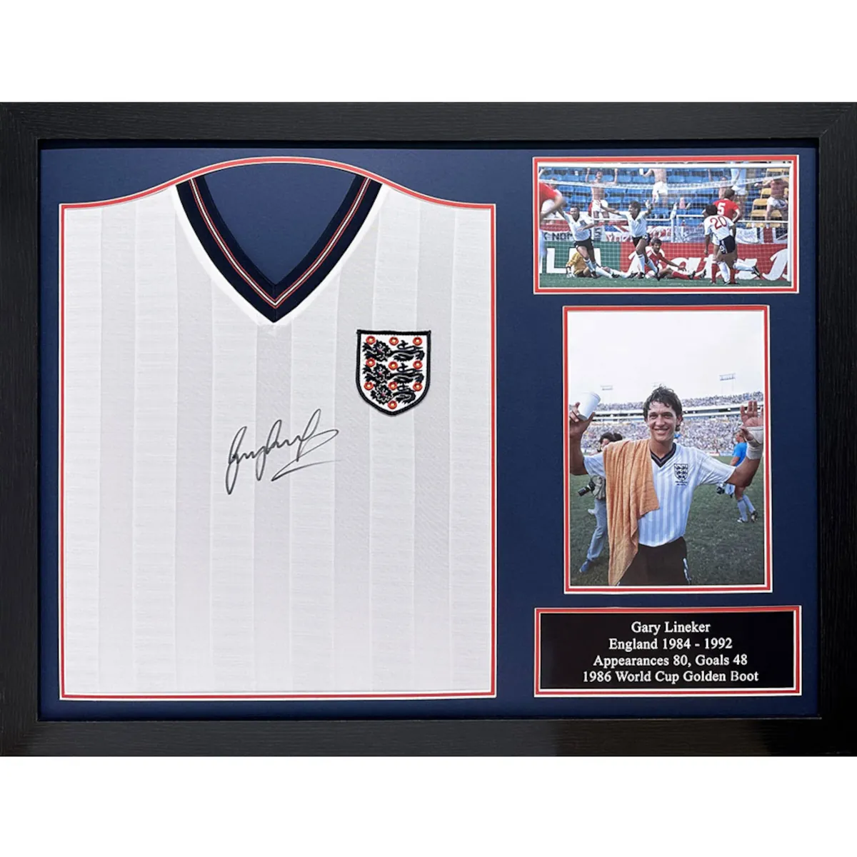 TM-03195 England F.A. Gary Lineker Framed Signed 1986 World Cup Replica Football Shirt