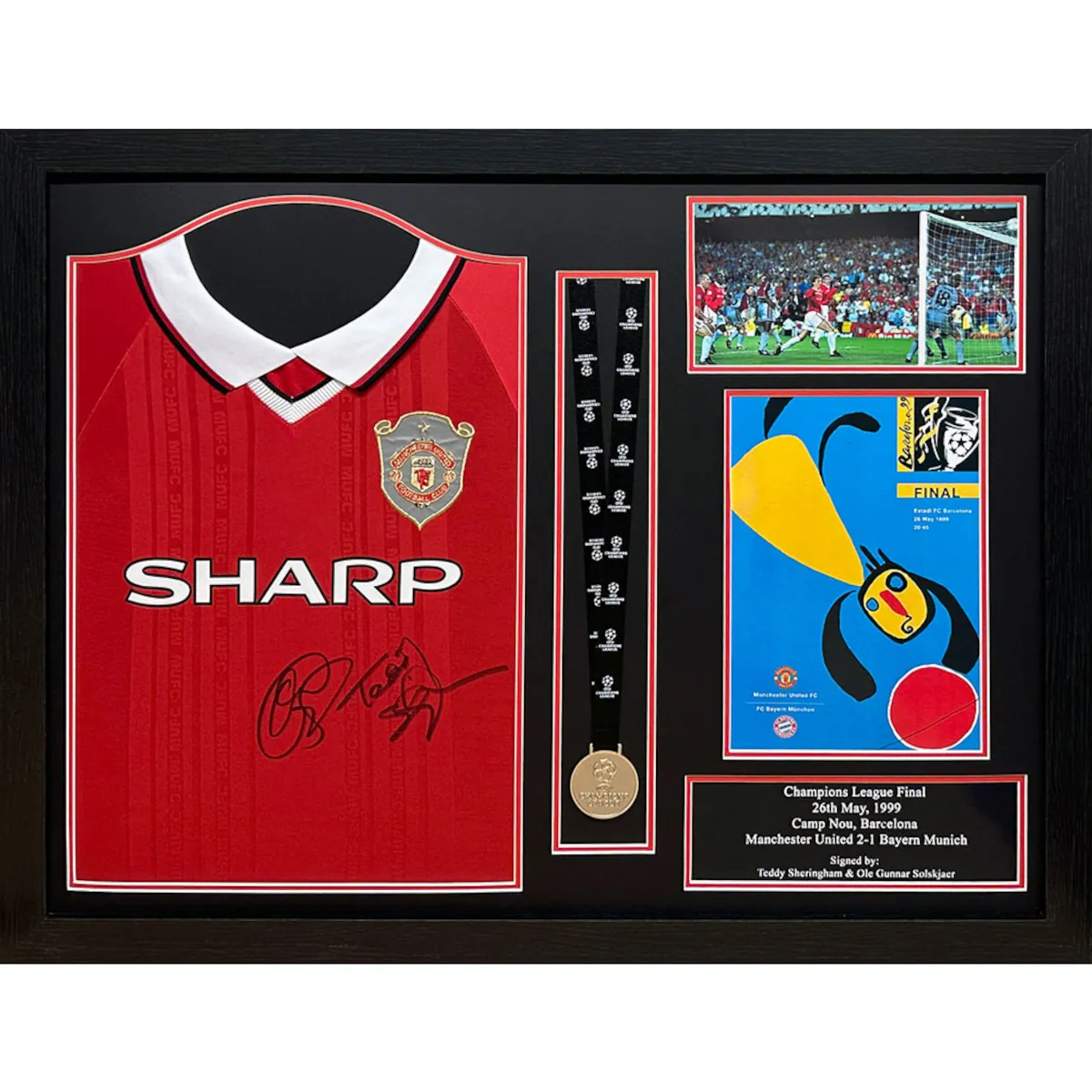 TM-03202 Manchester United F.C. Solskjaer & Sheringham Framed Signed 1999 Replica Football Shirt & Medal