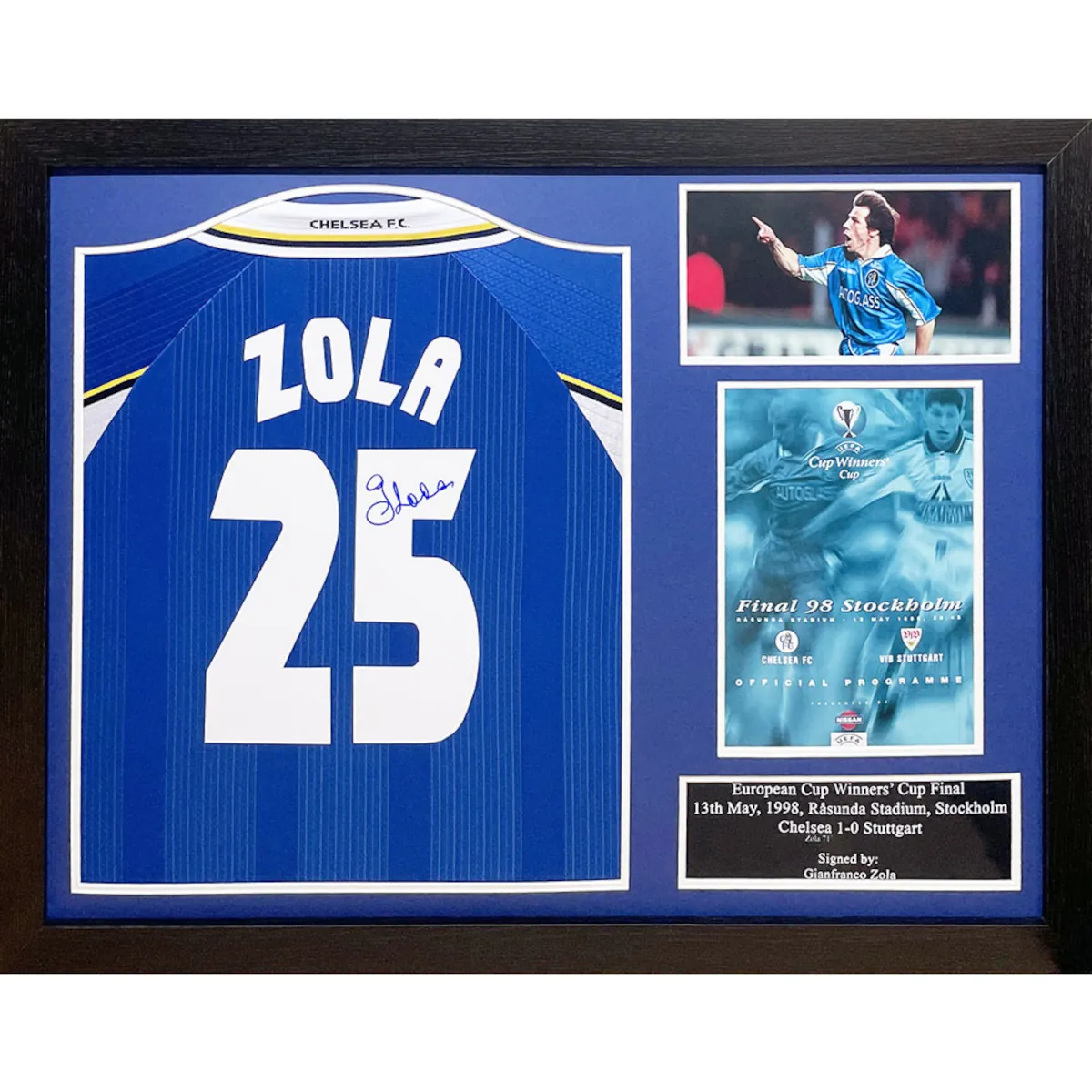 TM-04643 Chelsea F.C. Gianfranco Zola Framed Signed 1998 Season Replica Football Shirt