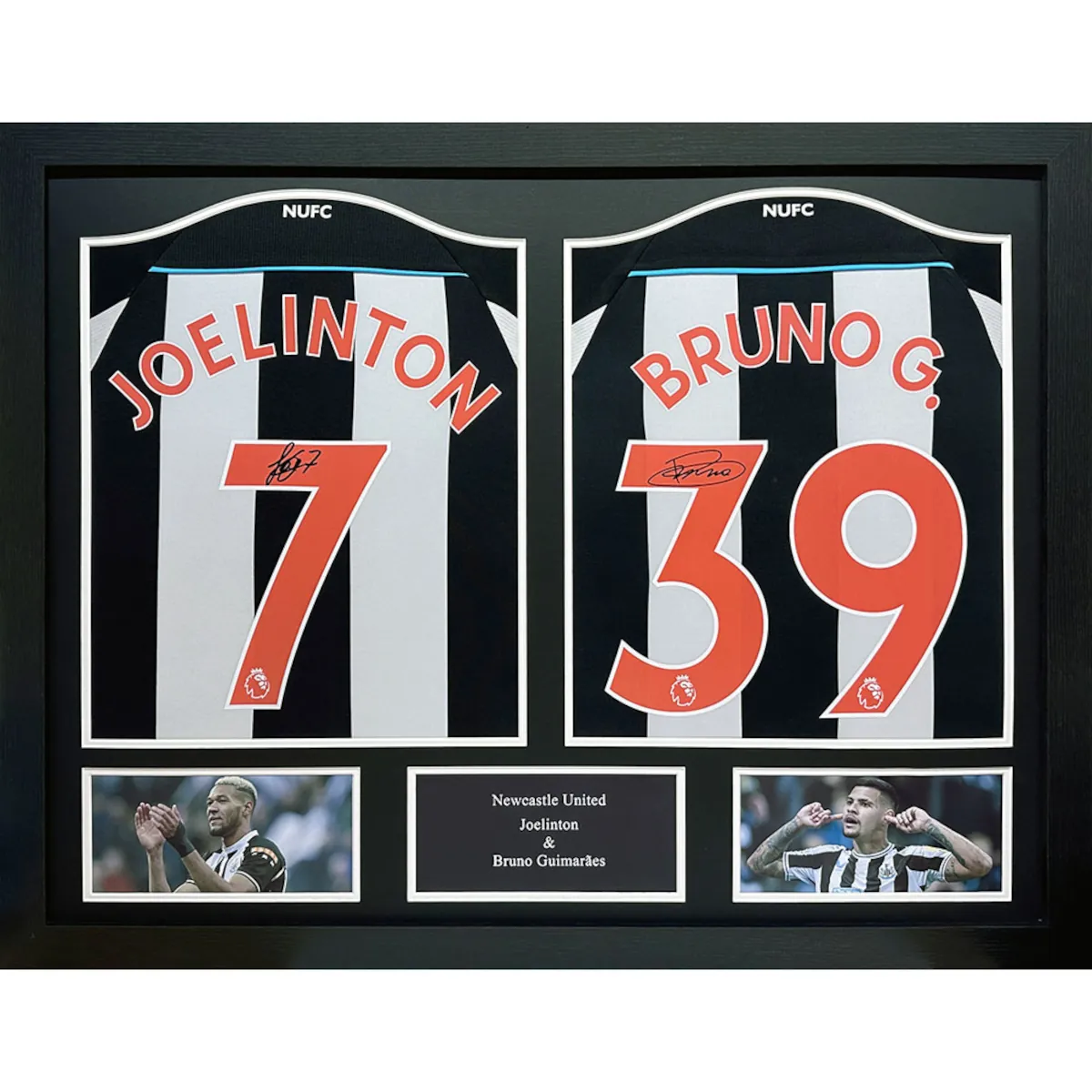 TM-04683 Newcastle United F.C. Bruno Guimarães & Joelinton Dual Framed Signed 2021-2022 Season Replica Football Shirts
