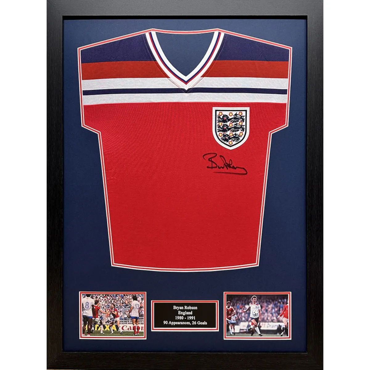 TM-04980 England F.A. Bryan Robson Framed Signed 1982 Replica Football Shirt