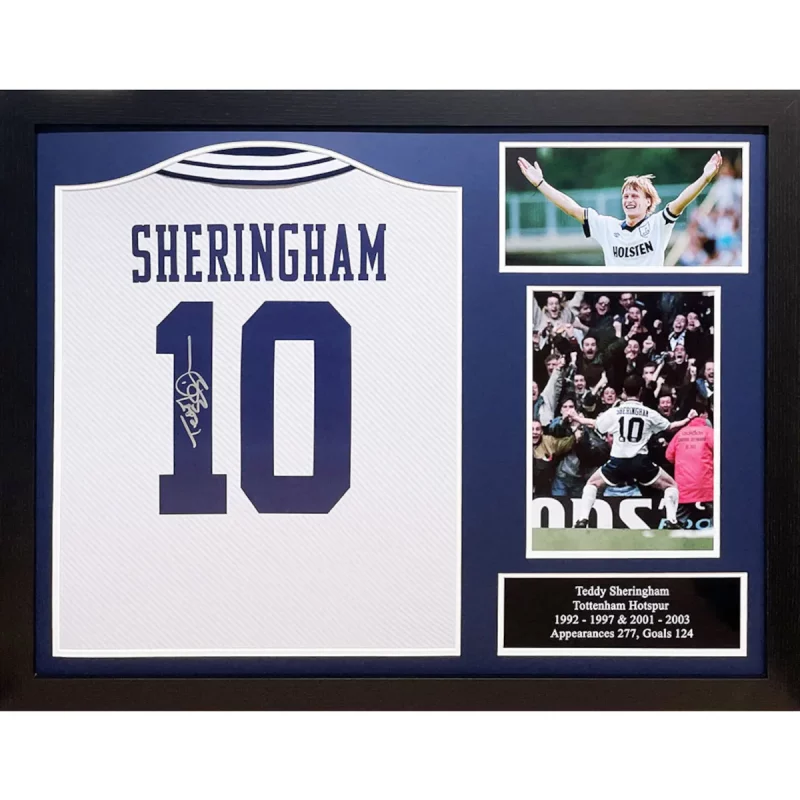 TM-00431 Tottenham Hotspur F.C. Teddy Sheringham Framed Signed 1994 Replica Football Shirt
