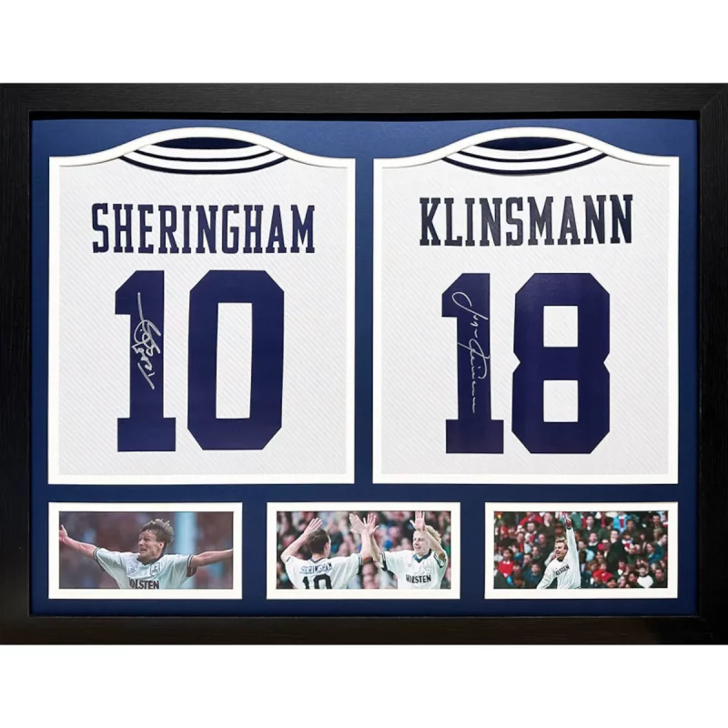 TM-02730 Tottenham Hotspur F.C. Sheringham & Klinsmann Dual Framed Signed 1994 Replica Football Shirts