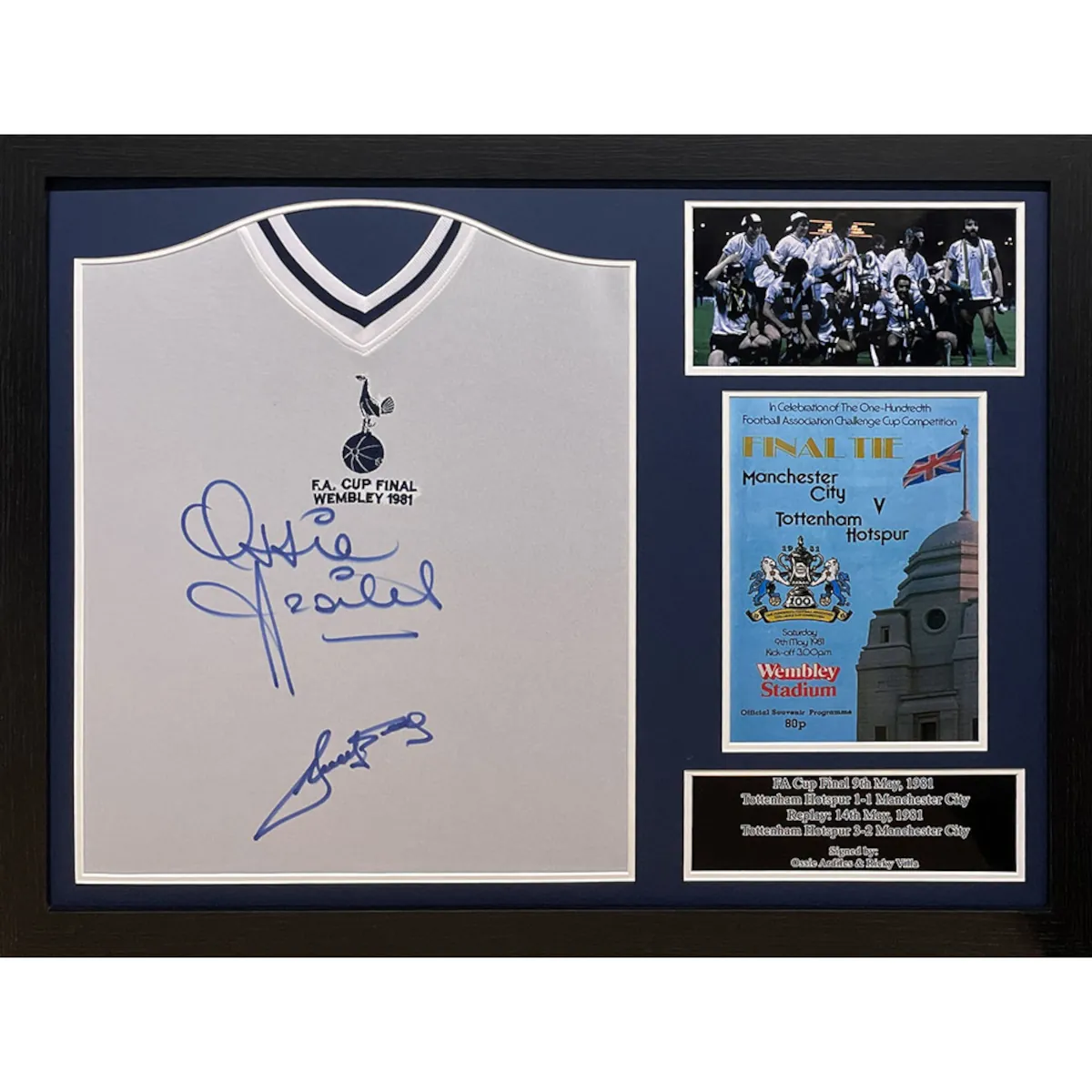 TM-04646 Tottenham Hotspur F.C. Ardiles & Villa Framed Signed 1981 FA Cup Final Replica Football Shirt